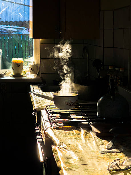 Warm sunlight illuminating steaming pot simmering on stovetop, casting soft glow across rustic kitchen interior with homey ambiance