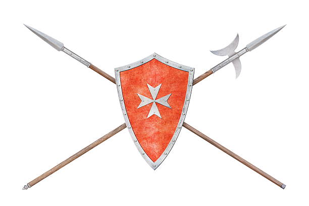 red shield decorated with a metal cross spear and halberd isolated on white