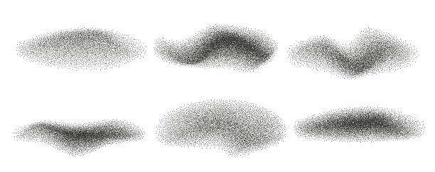Charcoal noise gradient wave splashes. Abstract black dotwork grain textured elements. Stipple sand effect dynamic lines set. Fluid grain dots from isolated on white background. Vector illustration Charcoal noise gradient wave splashes. Abstract black dotwork grain textured elements. Stipple sand effect dynamic lines set. Fluid grain dots from isolated on white background. Vector illustration. powder dissolve liquid stock illustrations