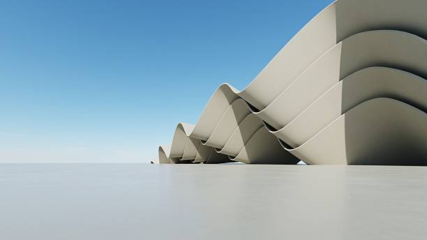 istock Abstract wavy curved architecture background, Empty space with concrete floor, Futuristic modern exterior backdrop, 3d rendering of car presentation  building 2233299160