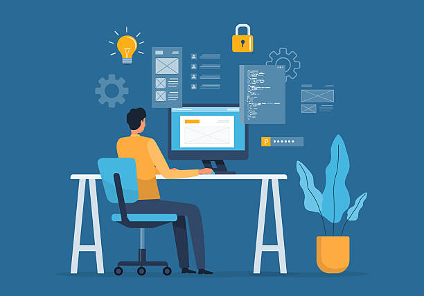 web developer web design working concept. programmer at work. man working with a computer. application design process. flat vector illustration design. This file EPS 10 format. This illustration
contains a transparency and gradient. computer programmer stock illustrations
