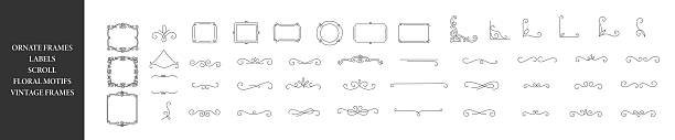 Ornate elements, frames, labels, scroll, floral motifs. Vintage frames. Elegant decorative dividers, ornate line separators. Vector illustration.
