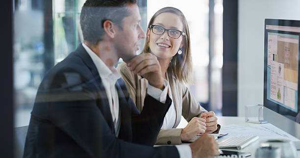 istock Team, computer screen or business people in office with idea, budget chart or brainstorming solution. Meeting, planning and happy advisor with monitor for stats, financial analysis or collaboration 2233307051
