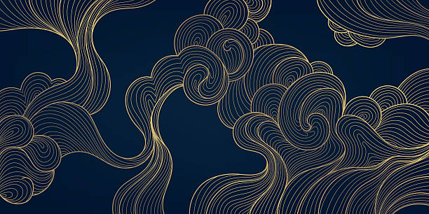 Vector japanese, chinese clouds background. Line golden asian sky pattern, curl drawn wind ornament, wave elegant poster