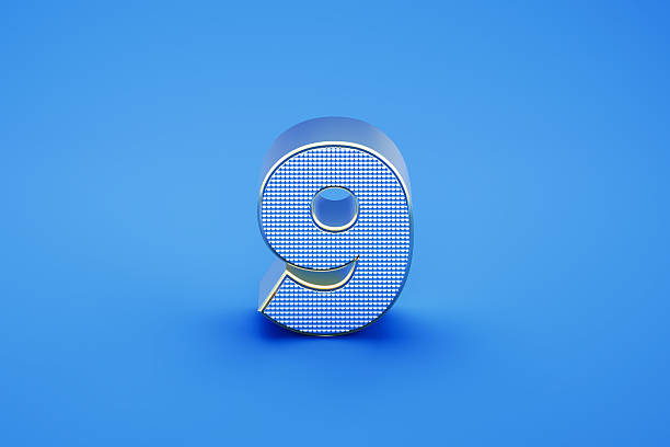 3D Number Nine made of blue metallic cubes / blocks randomly arranged in a chaotic fashion producing data / AI technology theme, logo design element.