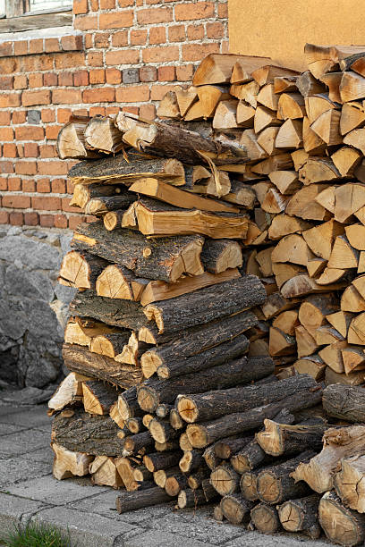 istock Seasoned firewood stacked by a brick wall 2233317417