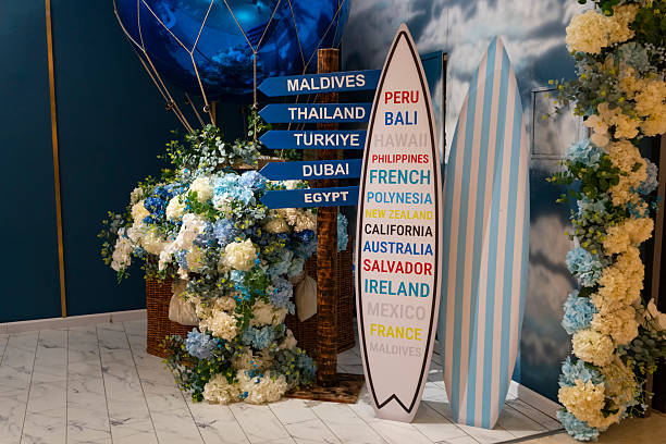 istock Travel-Themed Decorative Setup with Surfboards and Signpost 2233322705