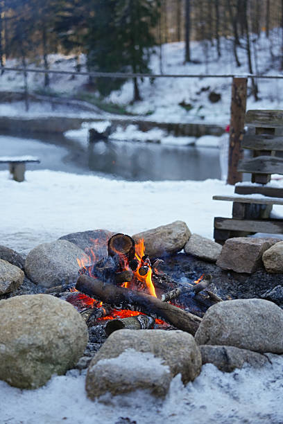 Burning fire bonfire in winter snowy day close up.