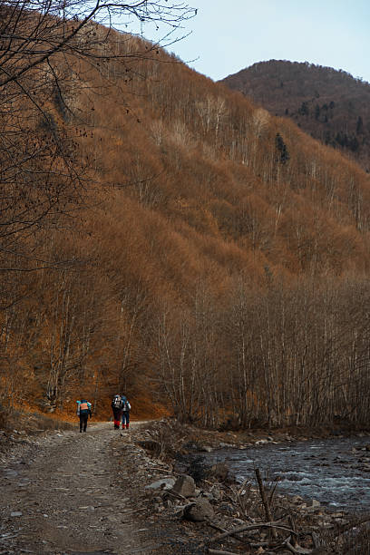 istock Hikers explore a winding trail alongside a river in a serene valley during autumn. Spring hiking in Carpathian mountains, Ukraine 2233336715