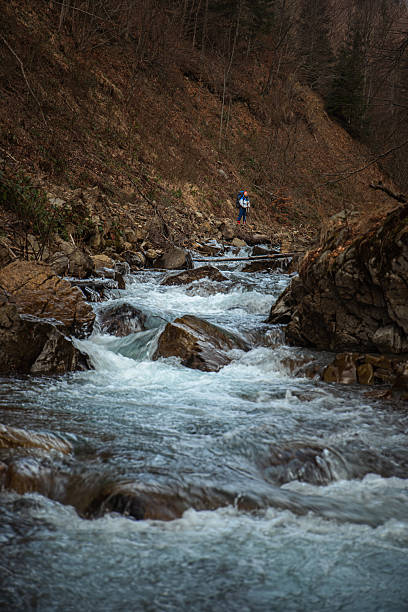 istock Exploring a tranquil river with rocky shores in early spring. Spring hiking in Carpathian mountains, Ukraine 2233337763