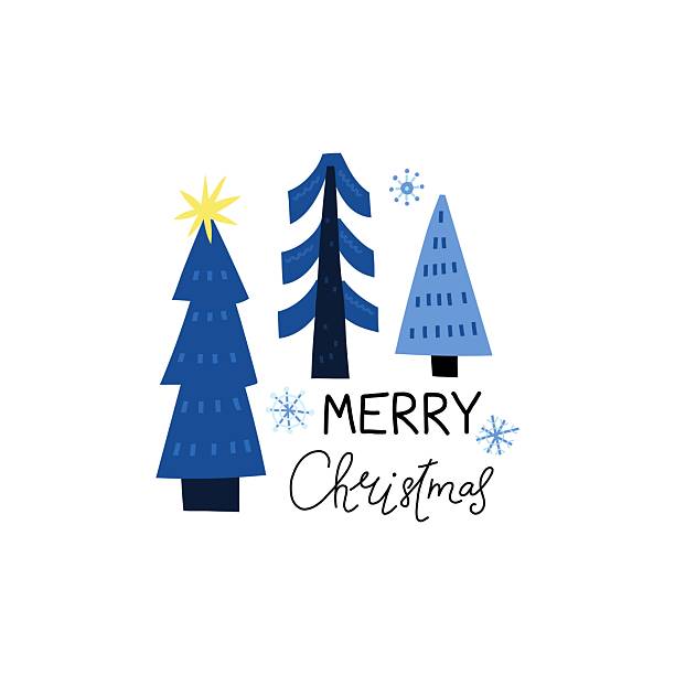 istock Festive Christmas card with three blue fir trees, snowflakes hand drawn lettering text Merry Christmas, print xmas winter holiday, vector cartoon flat isolated illustration 2233338132