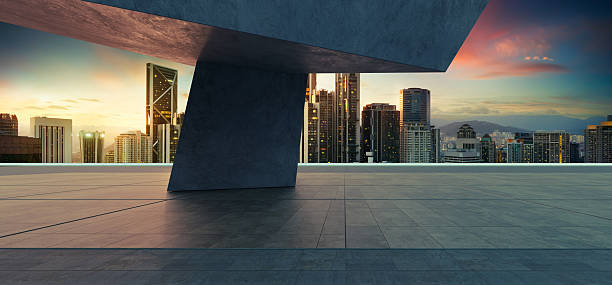 Empty concrete balcony overlooking city skyline at sunset, perfect for displaying products or anything else. 3d rendering