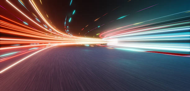istock 3d rendering fast moving lights illuminating racing track at night 2233342511