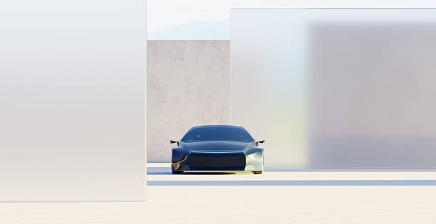 Sleek, driverless electric vehicle showcased in a contemporary, minimalist garage environment, highlighting innovation in automotive design and technology. 3d rendering