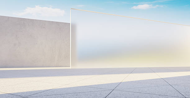 istock 3d rendering modern empty showroom with concrete and glass walls displaying products under blue sky 2233342543