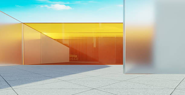 istock 3d rendering modern glass building reflecting sunlight on tiled floor 2233342597