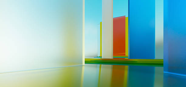 istock 3d rendering colorful glass panels rising from reflective floor in modern architectural rendering 2233342786