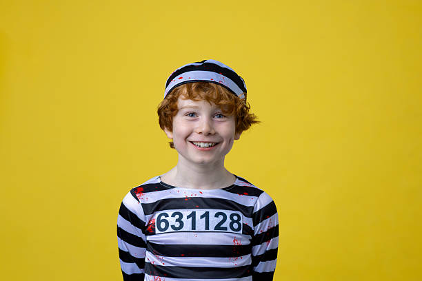 A medium shot of a cheerful young boy dressed in a black and white striped prisoner costume poses against a bright yellow background. The outfit includes a matching hat and a printed prisoner number, with playful red splatter details, capturing the fun and spooky spirit of Halloween.Videos are available similar to this scenario