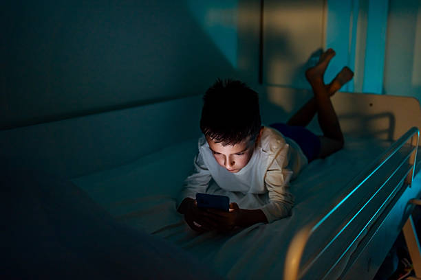 istock Young Boy Using Smartphone in Bed with Dim Blue Lighting at Night 2233351022