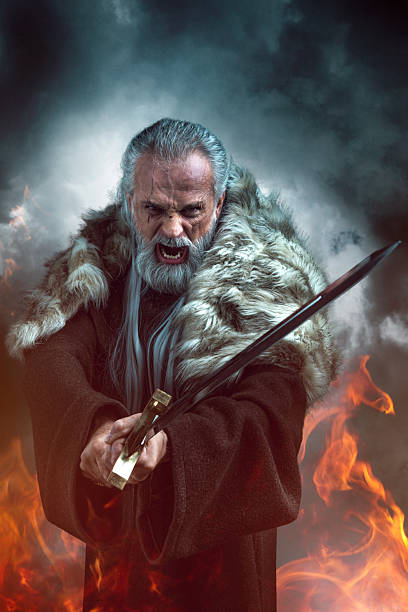 Elderly fantasy warrior dressed in fur cloak holding a sword, surrounded by fire and smoke in a dramatic scene.