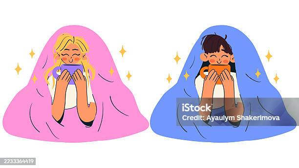 Ilustración de La Gente Bebe Bebida Caliente Envuelta En Una Manta Tibia Chica Y Chico Disfrutando Buenos Días y más Vectores Libres de Derechos de Manta - Ropa de cama
