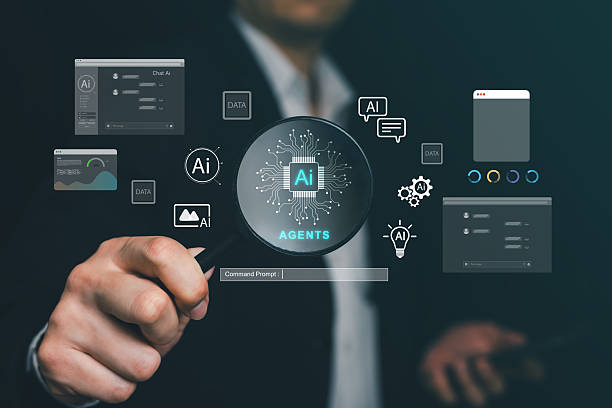 istock Businessman holding magnifying glass over holographic AI agents interface with chat windows 2233368028