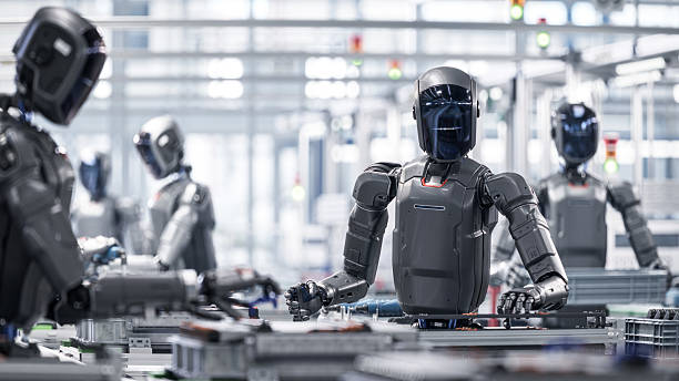 istock 3D Render: Autonomous AI Powered Humanoid Robot Work at Factory on Assembly Line. Industrial Automation AI Accelerated: Human Like Robot Working on Complex Detail in Industrial Environment. 2233368696