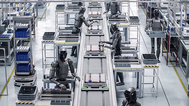 istock 3D Render: Industrial Automation AI Accelerated: Autonomous AI Powered Humanoid Robots Work at Factory on Assembly Line. Advanced Human Like Robot Working on Complex Detail in Industrial Environment. 2233368714