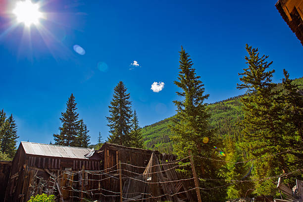 A brilliantly sunny sky casts sharp light over the ruins of old wooden buildings, partially collapsed and surrounded by barbed wire fencing. Towering evergreens frame the scene, their deep green hues contrasting against the bright blue sky and a pair of small, solitary clouds drifting above. Behind the trees, a lush mountain slope rises, blanketed in dense forest. This image captures the raw, natural beauty and lingering history of a ghost town nestled in the Colorado Rockies. The broken wood structures hint at a bygone era, now reclaimed by the wilderness.