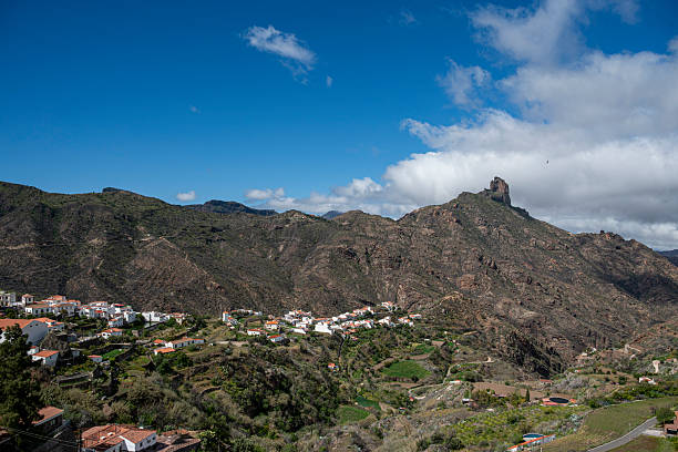 A mountain range with a small town in the valley below. The sky is clear and blue with a few clouds scattered throughout
