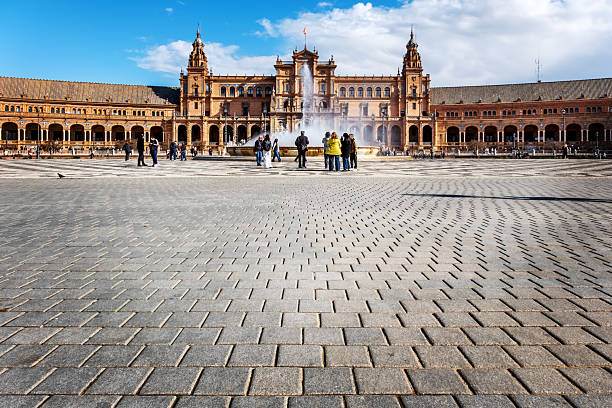 Seville, Spain - November 13 2024: Fountain in Plaza de Espana in Maria Luisa Park in Seville, Andalusia, Spain.