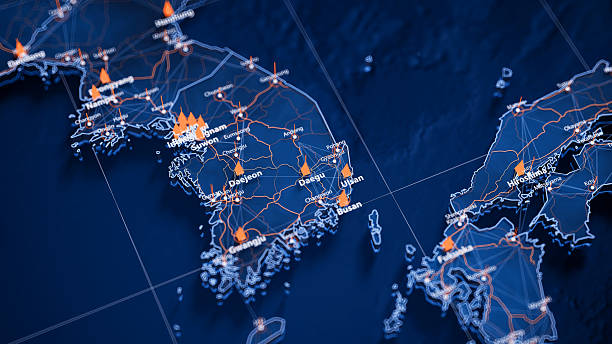 istock Daegu map big data visualization. Futuristic map infographic of city in South Korea. Visual map data complexity in modern blue and orange colors 2233376835