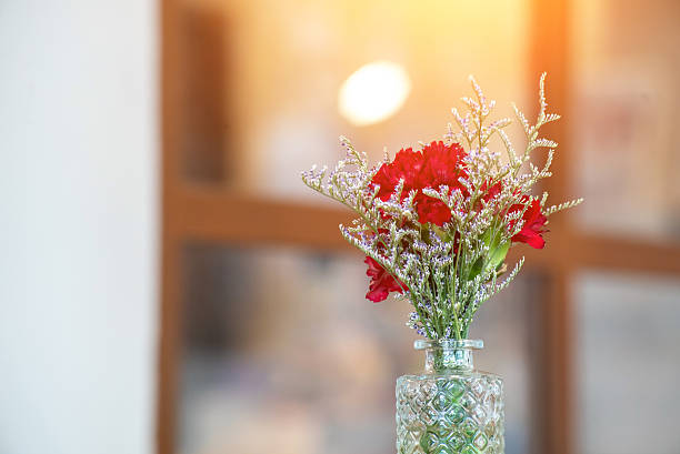 A stunning close-up of a bright floral arrangement featuring red flowers in a glass vase, beautifully illuminated by soft sunlight for an inviting atmosphere.