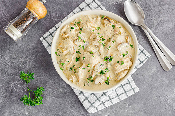 istock Creamy Chicken Stroganoff garnished with fresh parsle, directly above Photo 2233379721