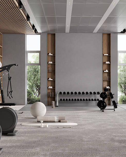 istock Empty wall mockup in modern fitness center, gym interior design, 3d rendering 2233380212