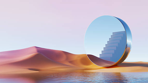 istock 3d render, surreal mirror circle with staircase in pastel desert landscape 2233381862