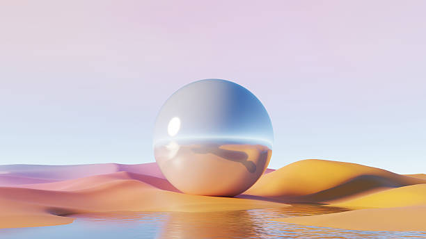 istock 3d render, reflective sphere on pastel desert landscape with water reflection 2233381864