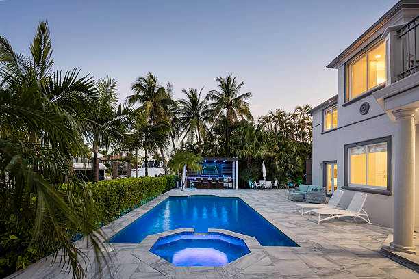 istock Backyard of a modern colonial-style house 2233382056
