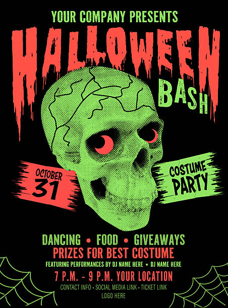 Vector illustration Scary Happy Halloween Party Bash collage style design template poster smiling skull green and red halftone colors on black background. Use for Halloween party advertisement or invitation. Vector eps and high resolution jpg in download.