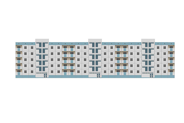 Five-storey panel apartment building facade lined with white tiles, with three entrances and blue details is isolated.