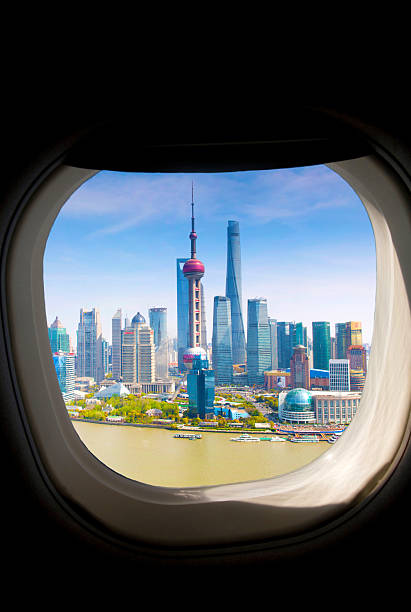China Shanghai  Hongqiao Central business district seen from passenger plane