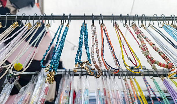 Colorful handmade beaded bracelets and accessories on display