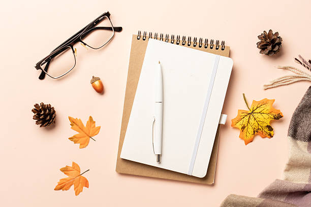 istock Notebook, pen, glasses and scarf with yellow leaves. 2233391066