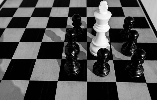 White chess king and black pawns on the chess board.