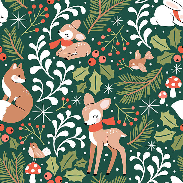 Seamless vector pattern with woodland animals. Hand drawn cute fox, deer, rabbit, fawn and bird with winter flora. Perfect for textile, wallpaper or nursery print design.