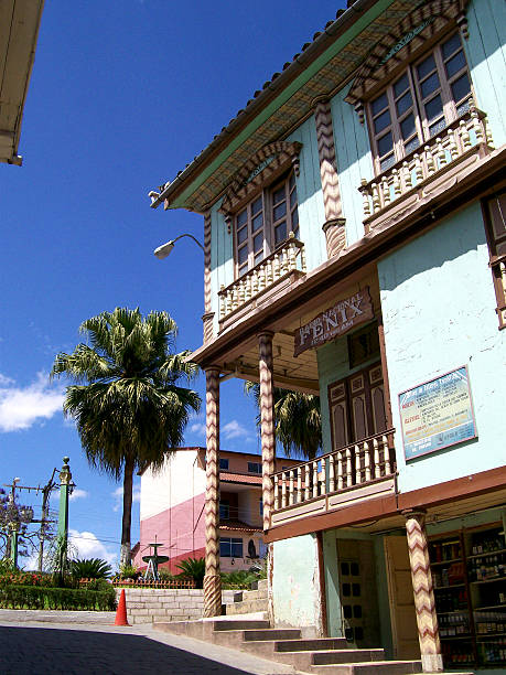 Zaruma, El Oro, Ecuador - August 10, 2007: Colorful colonial-era building stands on a sunny day in Zaruma, showcasing the traditional architecture of El Oro province in Ecuador, with a palm tree and a small park in the background