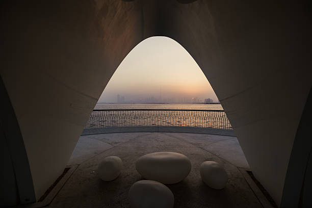 istock Dubai skyline sunset view from dubai creek harbour waterfront with arch pod and seating, World class Public infrastructure and spaces in Dubai 2233405464
