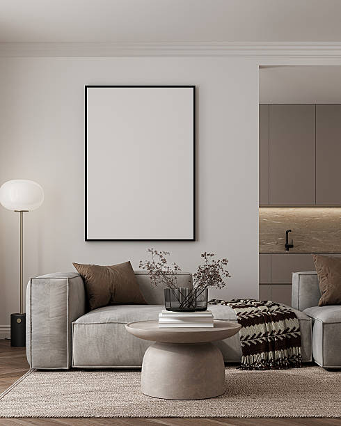 istock Modern Living Room Poster Frame Mockup with Natural Light and Minimalist Decoration. 3D render. 2233405872
