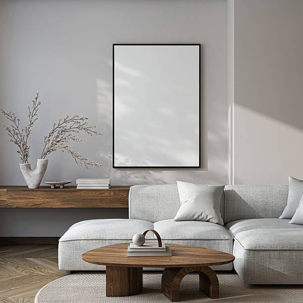 istock Modern Living Room Poster Frame Mockup with Natural Light and Minimalist Decoration. 3D render. 2233405886