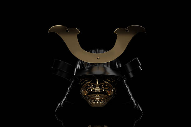 3D Rendering of an ancient Samurai helmet type with horns in low key light. Artist-Created, not AI-generated